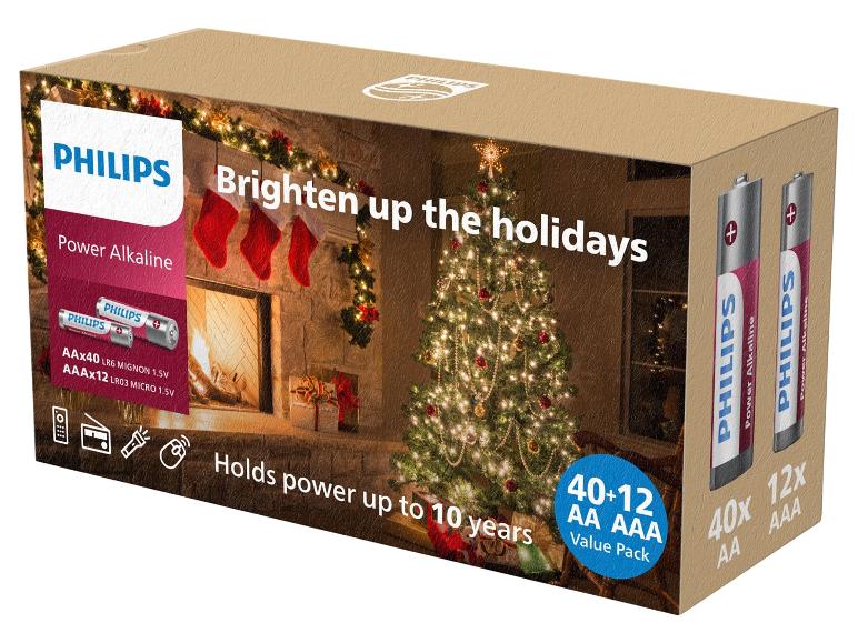 Philips Power Alkaline Batterien in einer weihnachtlichen Box, mit AA- und AAA-Größen.
