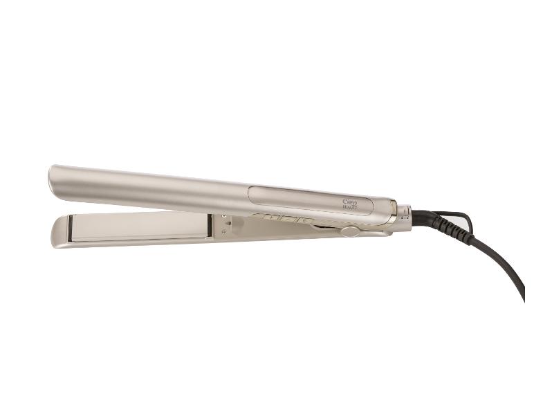 Ein silbernes Cien Beauty Glätteisen mit Bedientasten und einem schwarzen Kabel.