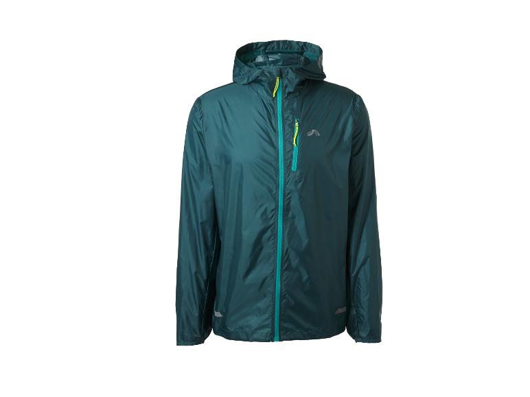 Dunkelgrüne leichte Regenjacke mit Kapuze und kontrastierenden Reißverschlüssen.