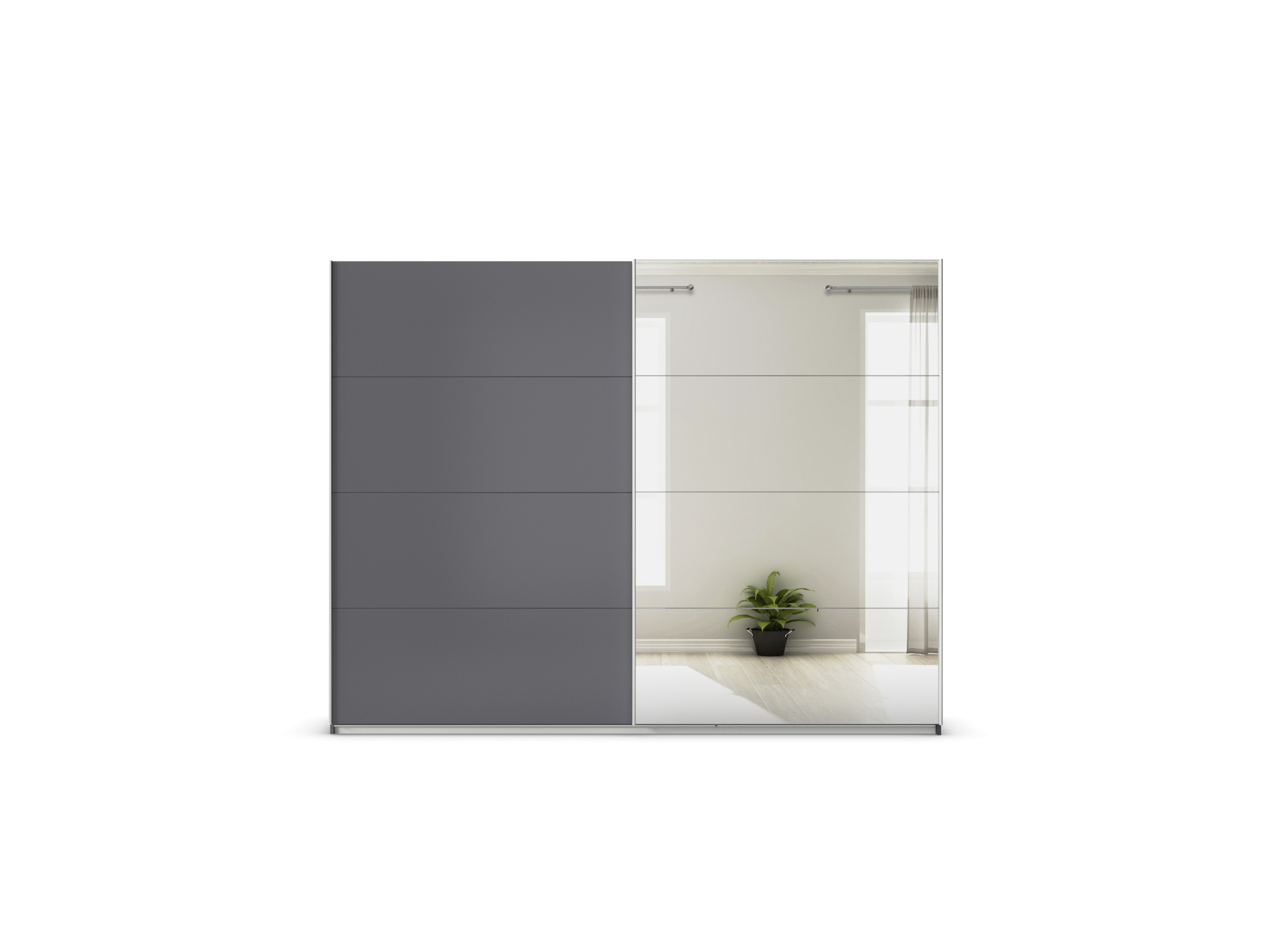 Thumbnail - rauch ORANGE Quadra Schwebetürenschrank mit Spiegelelementen (Basic-Zubehör, Korpus: Graumetallic, 271 x 210 cm)