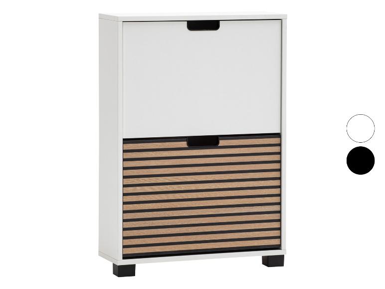 Weißer Schuhschrank mit zwei Fächern, das untere mit Holzlamellenfront.