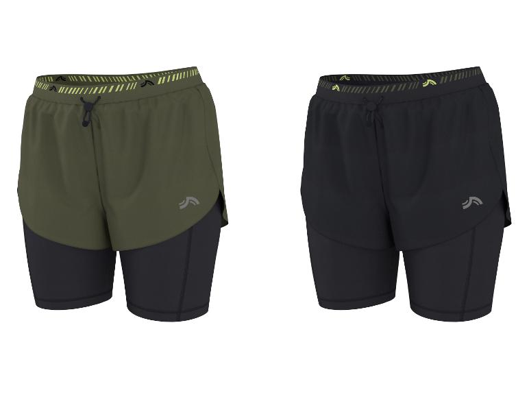 Zwei Paar Herren 2-in-1-Sportshorts, eine olivgrün und eine schwarz, mit elastischem Bund.