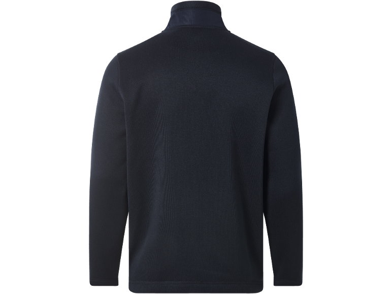 Herren-Langarmpullover in Dunkelblau mit Stehkragen, Rückansicht.