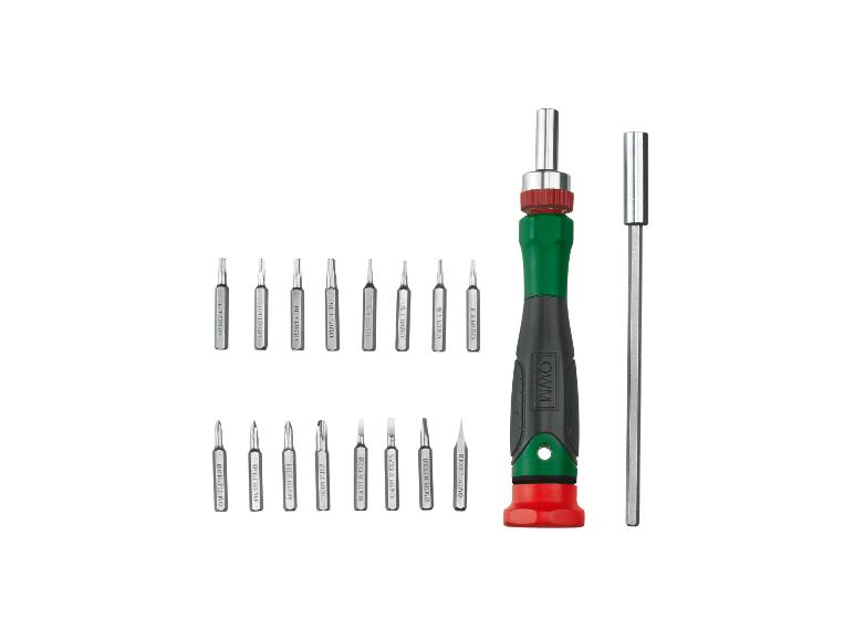 Ein Schraubendrehersatz mit verschiedenen Bits und einem langen Schraubendreher.