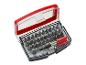 Schraubendreher-Set mit verschiedenen Bits und rotem Griff in transparenter Box.