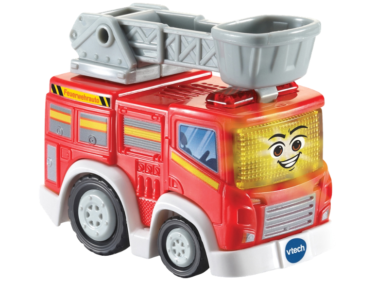 Rotes Spielzeug-Feuerwehrauto mit Leiter und lachendem Gesicht, mit der Aufschrift 'Feuerwehrauto'.