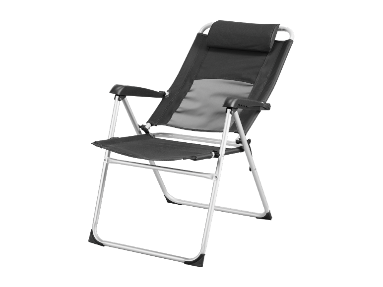 Klappbarer Campingliegestuhl in Schwarz und Grau mit Aluminiumrahmen.