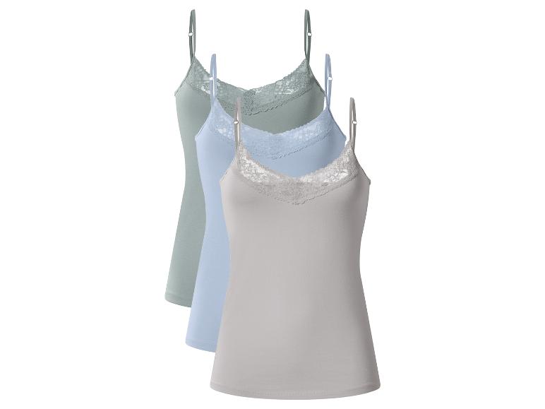 Dreierpack Damen-Spaghettitops mit Spitze in Grau, Blau und Grün.