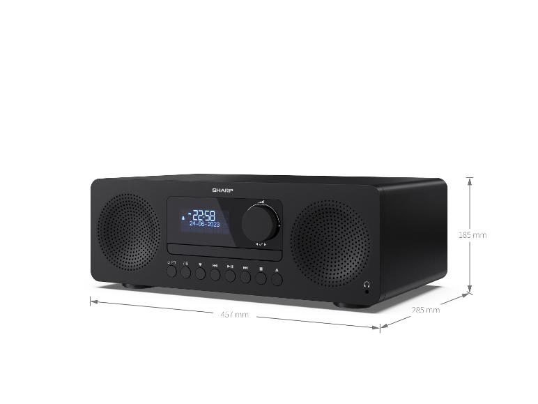 Schwarzes CD-Radio mit Digitalanzeige und Abmessungen von 457x185x285 mm.