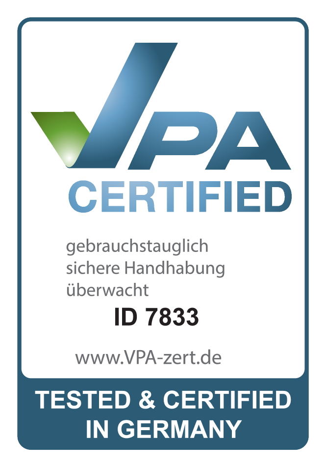 VPA-Zertifikat: gebrauchstauglich, sichere Handhabung überwacht, ID 7833, getestet und zertifiziert in Germanland.