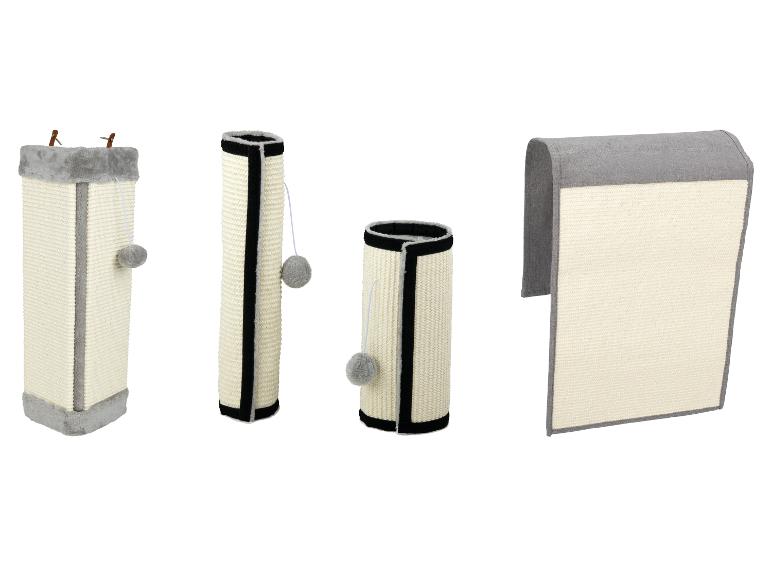 Katzenkratzbäume und -paneele in verschiedenen Größen und Formen.