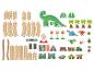 Holzspielset mit Dinosaurier-Thema, inklusive Eisenbahnschienen, Dinosauriern und Zubehör.