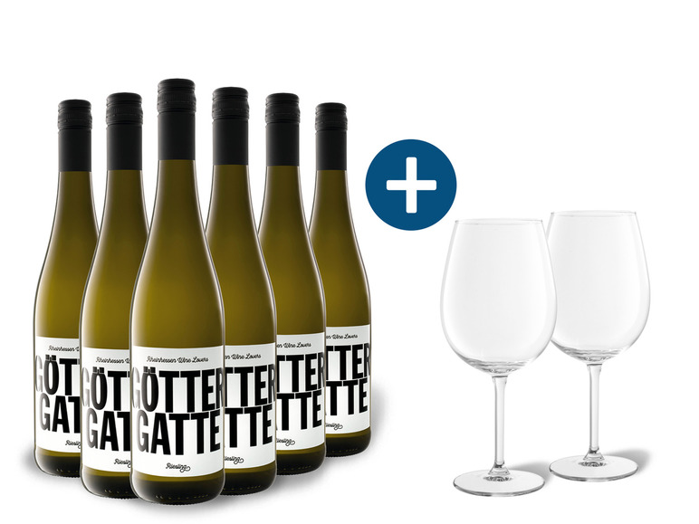 Gehe zu Vollbildansicht: 6 x 0,75-l-Flasche Weinpaket Göttergatte Riesling Wine Lovers Rheinhessen QbA trocken, Weißwein mit 2er Weißwein-Gläserset LIBBEY - Bild 1