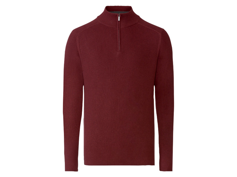 Ein dunkelroter Strickpullover mit Reißverschluss.