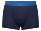 Ein Paar dunkelblaue Boxershorts mit blauem Bund.
