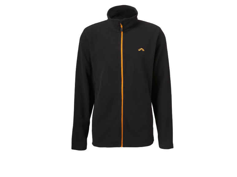 Schwarze Fleecejacke mit orangefarbenem Reißverschluss und Logo
