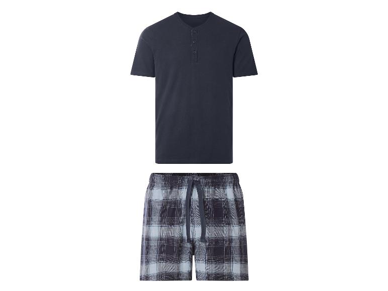 Dunkelblaues Henley-T-Shirt und karierte Shorts, Schlafanzug-Set.
