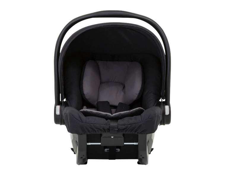 Ein schwarzer Autositz für Babys mit grauer Polsterung.