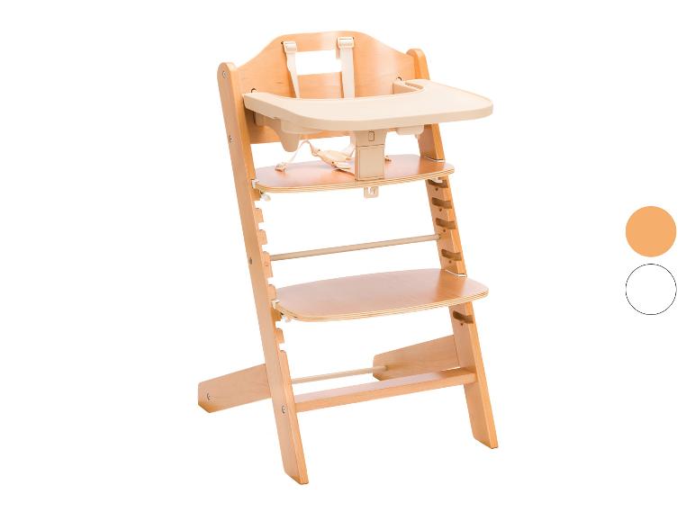 Hochstuhl aus Naturholz mit beigem Tablett und Sicherheitsgurt