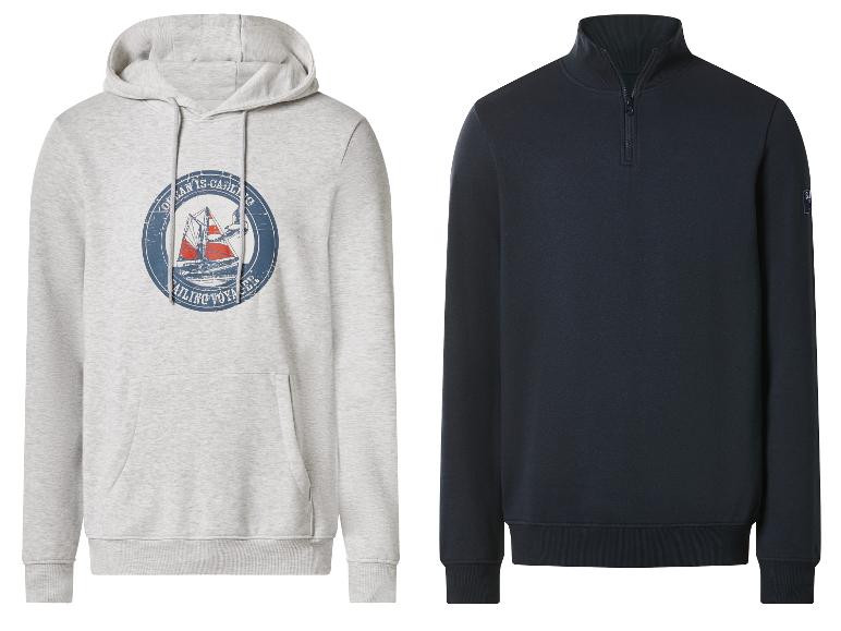 Hellgrauer Hoodie mit Segelboot-Print und dunkelblaues Sweatshirt mit Reißverschluss.