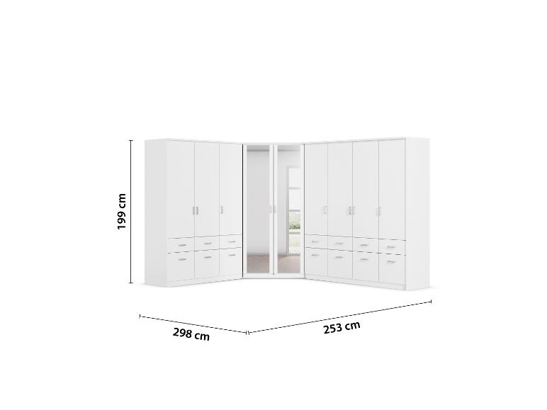 Weißer L-förmiger Kleiderschrank mit Spiegel, Schubladen und Türen, 199x298x253 cm.