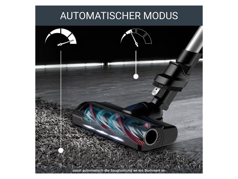 Stielstaubsauger im Automatikmodus, der die Saugleistung an den Bodentyp anpasst.