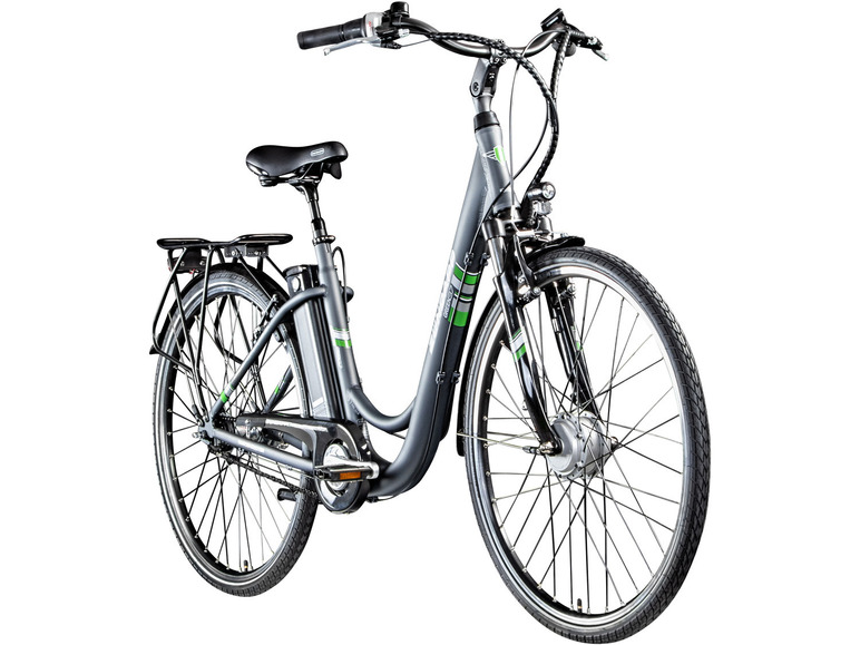 Ein graues E-Bike mit grünen Akzenten.