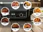 Multifunktionales Küchengerät mit Einstellungen für Braten, Aufwärmen, Backen, Heißluftfrittieren, Ultracrisp, Dörren, Räuchern und Grillen, gezeigt mit entsprechenden Lebensmittelbeispielen.
