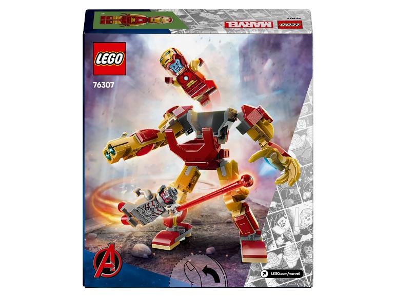 Baukasten mit einem Iron Man Roboter und einer Ultron Minifigur.