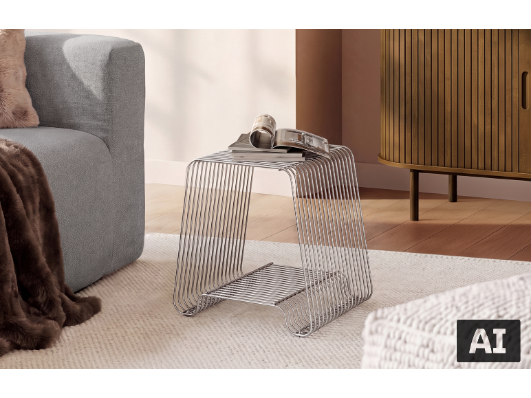Metallbeistelltisch mit Zeitschriften, graues Sofa und Holzschrank in modernem Wohnzimmer.