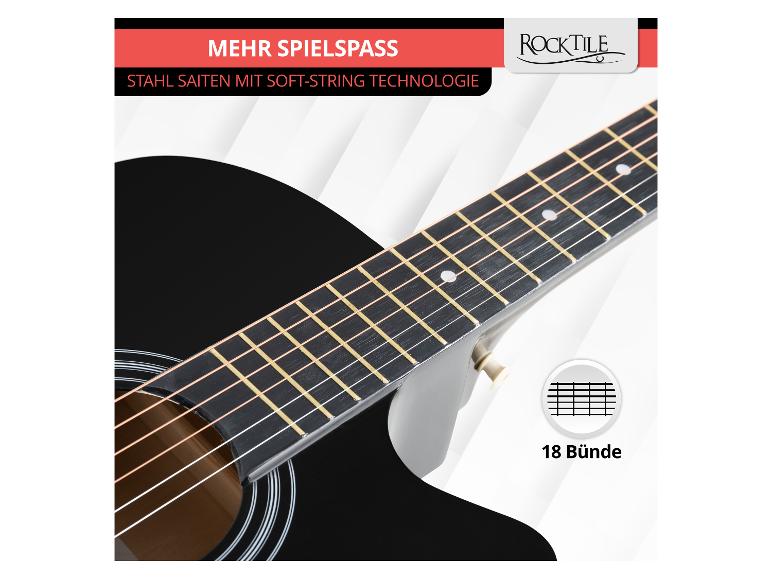 Schwarze Rocktile Akustikgitarre mit 18 Bünden und Stahlsaiten.