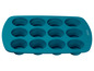 Eine blaue Silikonform mit 10 Vertiefungen für Cupcakes oder Muffins.