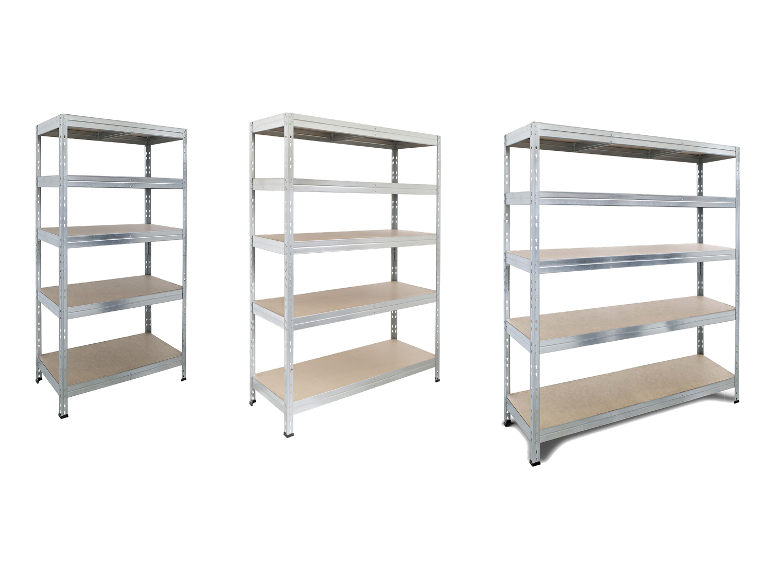 Drei Metallregale mit jeweils fünf Holzablagen, geeignet zur Lagerung.