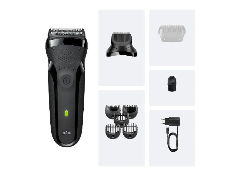 Braun Rasierer mit mehreren Aufsätzen und Ladegerät.