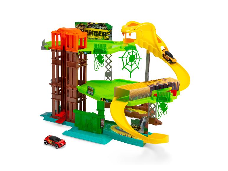 Dschungel-Autorennbahn-Spielset, mit einem roten und einem orangefarbenen Auto.