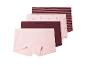 Drei Packungen Mädchenunterhosen in Rosa und Weinrot.
