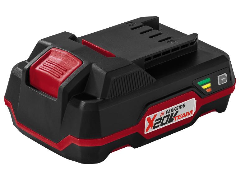 Schwarzer und roter Akku für Elektrowerkzeuge mit Ladeanzeige.