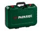 Ein grüner Parkside Werkzeugkoffer mit roten Verschlüssen und schwarzem Griff.