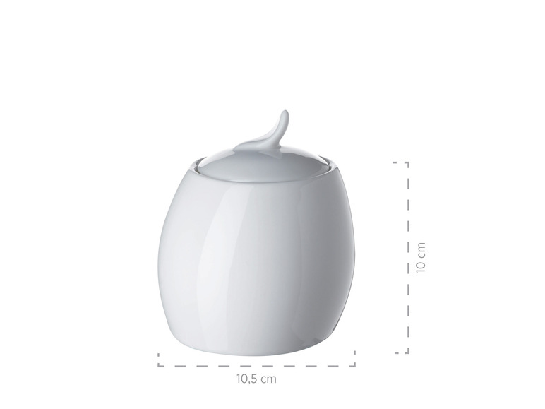 Eine weiße Porzellan Zuckerdose mit Deckel.