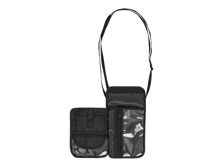 Schwarze Geldbörse und Handytasche mit Umhängeriemen.