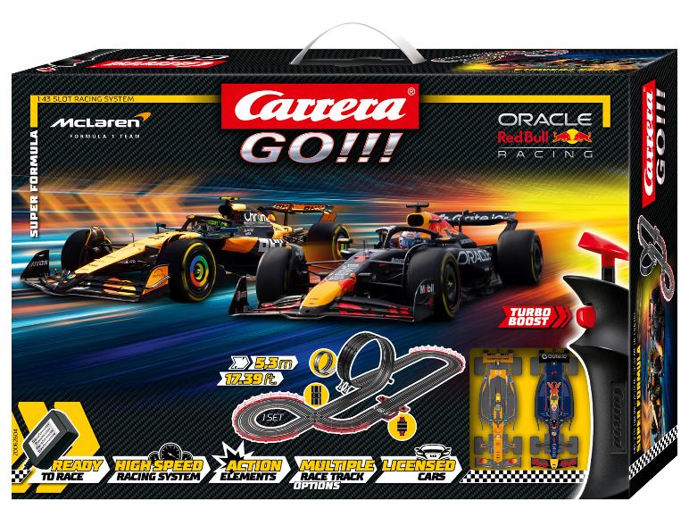 Carrera GO!!! Super Formula Autorennbahn-Set mit McLaren und Red Bull Autos auf der Box.