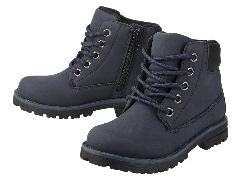 Ein Paar dunkelblaue Schnürstiefel mit seitlichem Reißverschluss.