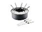 Fondue-Set mit schwarzem Topf und sechs Edelstahlgabeln, drei innen und drei außen.