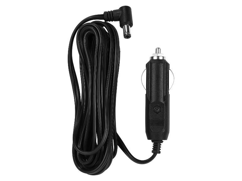 Schwarzes Netzkabel mit Auto-Zigarettenanzünderstecker und DC-Anschluss.