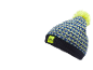 Winterliche Strickmütze mit fluoreszierendem gelbem Bommel und Karomuster
