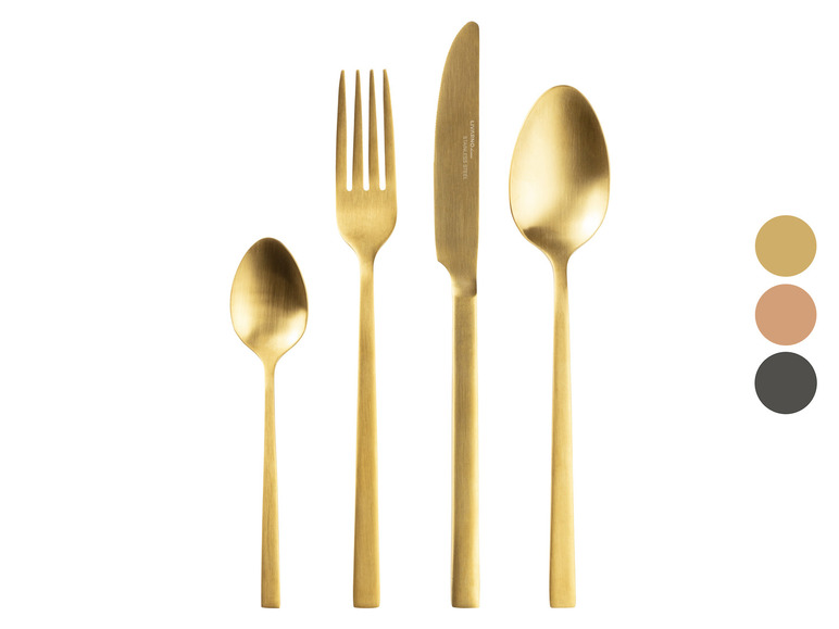 Ein goldenes Messer, Löffel und Gabel von Livarno Home.