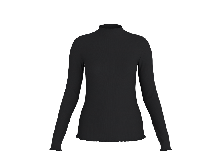 Schwarzes geripptes Langarmshirt mit Rüschen-Stehkragen und -Bündchen