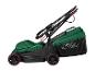 Grüner und schwarzer Elektromäher mit Grasfangkorb