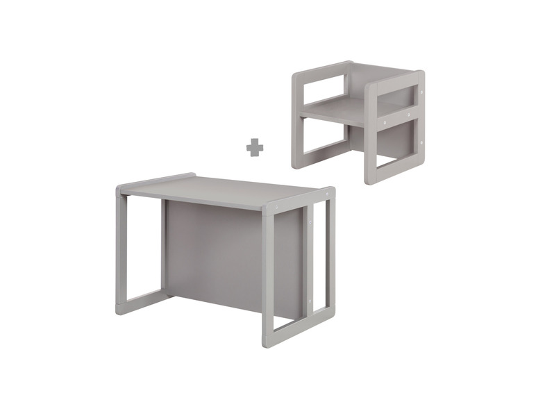 Grauer Holztisch und Stuhl-Set.