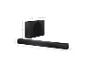 Schwarzer Subwoofer und Soundbar mit Abmessungen